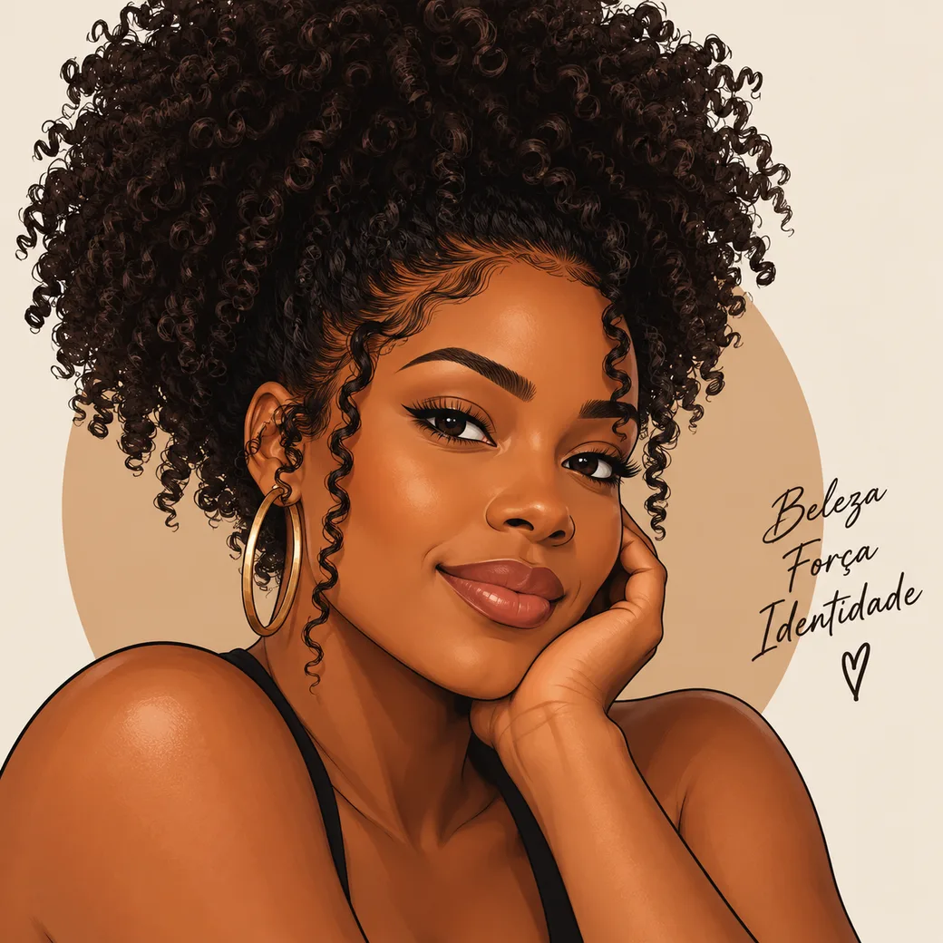Ilustração de uma mulher negra de cabelo crespo e brinco de argola, com as palavras beleza, força e identidade escritas ao lado
