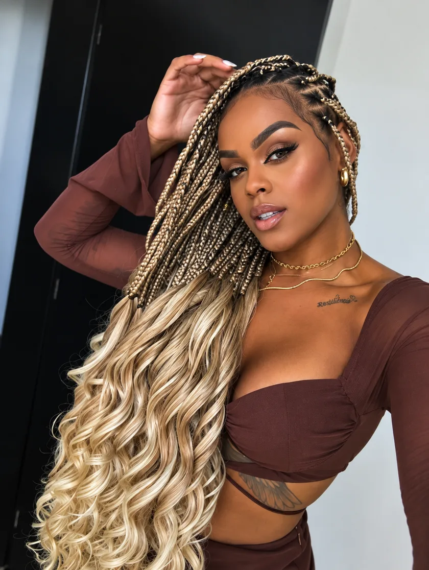Box braids longas em tom caramelo, com as pontas soltas em cachos
