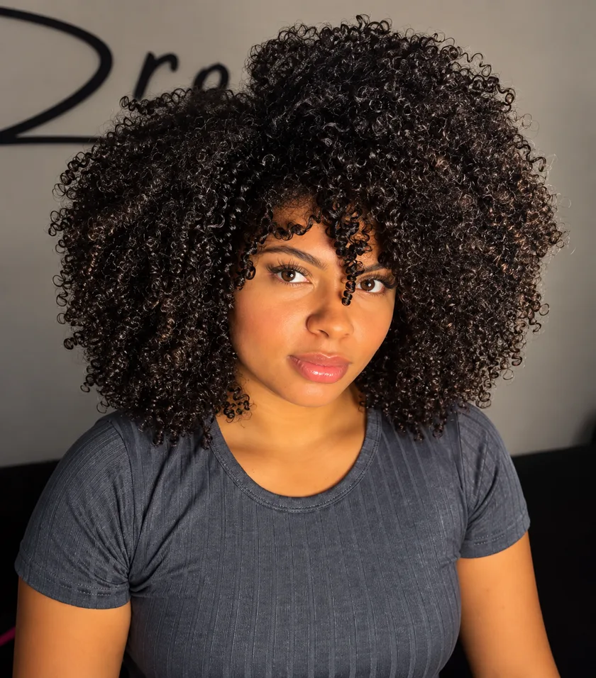 Cabelo crespo com os cachos definidos e volumosos, finalizado no estúdio