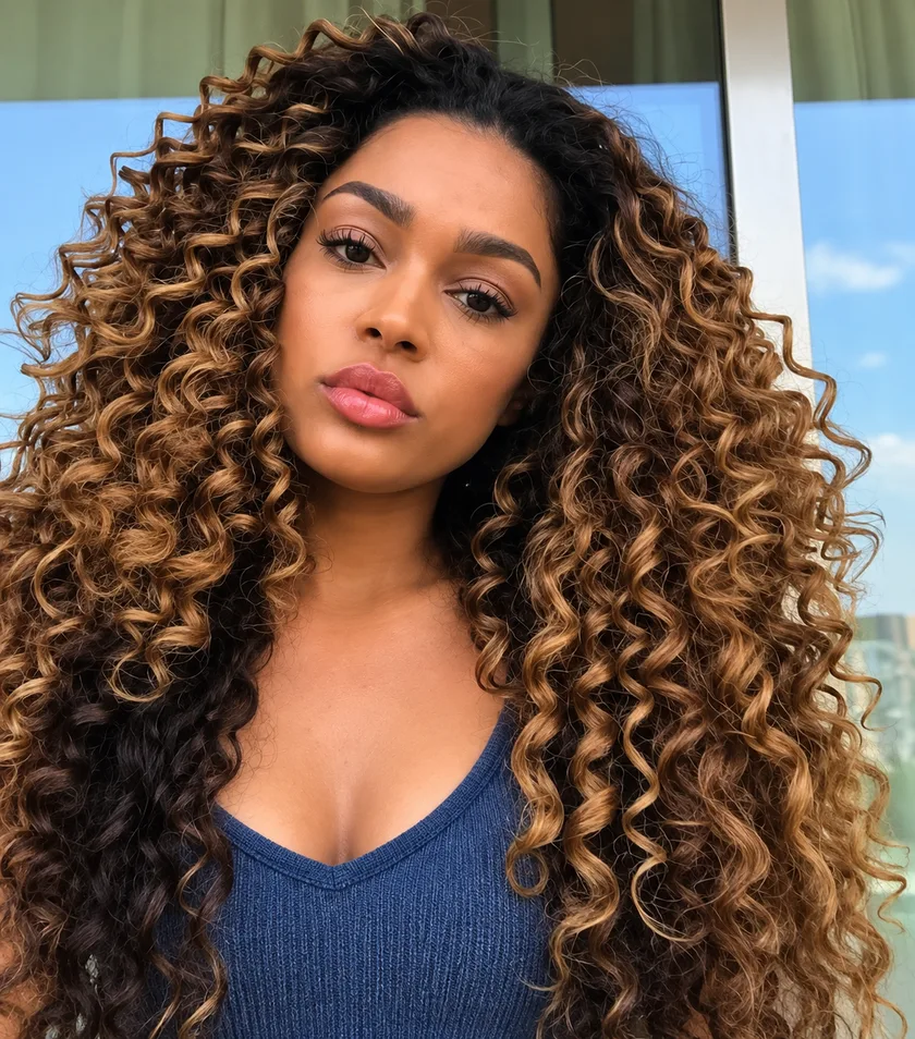 Cabelo longo em tom mel, com os cachos marcados até a ponta, depois do alongamento