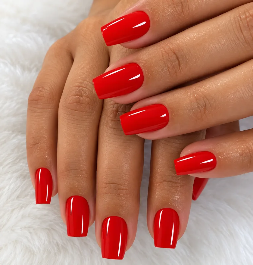 Mãos com as unhas alongadas quadradas, esmaltadas em vermelho