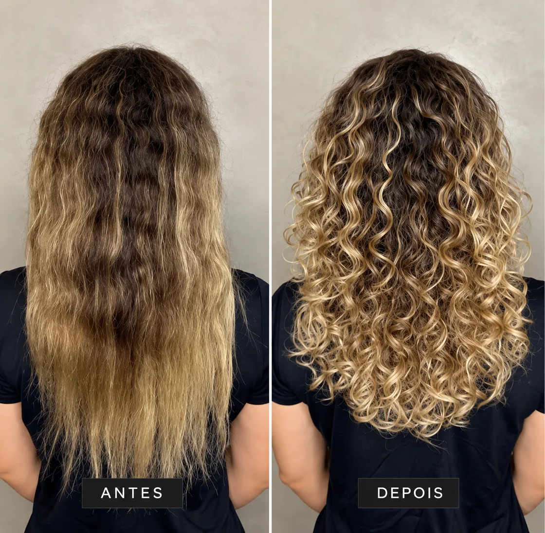 Antes e depois do mesmo cabelo: à esquerda com frizz e sem desenho, à direita com os cachos definidos